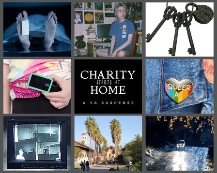 Collage made on Canva for Charity Starts at Home, a YA Suspense, including an insulin pump, a college campus, and a corpse.