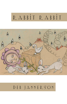 Cover of the book RABBIT RABBIT, featuring artwork by Catherine Eyde with two white rabbits and a flower with a sleeping face