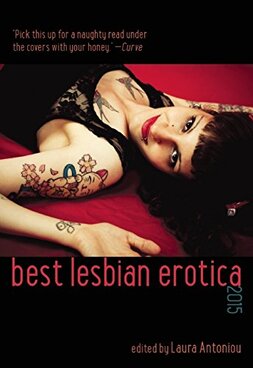 Cover of Best Lesbian Erotica 2015, with a black background and an image of a tattooed woman reclining and smiling